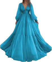 Load image into Gallery viewer, Long Puffy Sleeve Prom Dress 2023 V Neck A-Line Tulle Corset Back