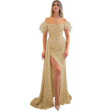 Load image into Gallery viewer, Long Prom Dress 2023 Mermaid Feather Corset Back Off the Shoulder Sequin with Slit