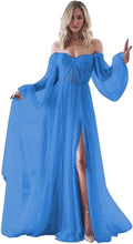 Load image into Gallery viewer, Women's Puffy Long Sleeve Prom Dress 2023 Tulle Wedding Dress for Bride with Slit Corset Back
