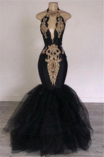 Load image into Gallery viewer, Black Prom Dress 2023 Halter Neck Appliques Tulle