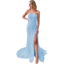 Load image into Gallery viewer, Elegant Prom Dress 2023 Strapless Lace Appliques Mermaid Tulle Long with Slit