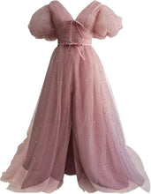 Load image into Gallery viewer, Sparkle Prom Dress 2023 Starry Tulle Puffy Sleeve with Split Corset Back