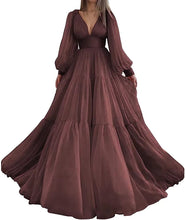 Load image into Gallery viewer, Long Puffy Sleeve Prom Dress 2023 V Neck A-Line Tulle Corset Back