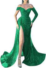 Load image into Gallery viewer, Prom Dresses 2023 Off the Shoulder Long Sleeve Sequin High Slit Corset Back