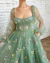 Load image into Gallery viewer, Puffy Prom Dress 2023 Square Neck Long Sleeves Floral Embroidery Tulle Corset Back