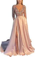 Load image into Gallery viewer, Prom Dress 2023 with Slit Long Sleeves Sequin V Neck Sparkly Satin Corset Back