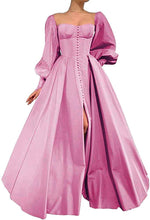 Load image into Gallery viewer, Puffy Prom Dress 2023 A-line Sweetheart Neck High Side Split Long Sleeves Satin Corset Back