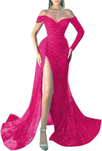 Load image into Gallery viewer, Prom Dresses 2023 Off the Shoulder Long Sleeve Sequin High Slit Corset Back