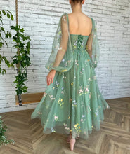 Load image into Gallery viewer, Puffy Prom Dress 2023 Square Neck Long Sleeves Floral Embroidery Tulle Corset Back