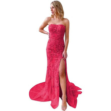Load image into Gallery viewer, Elegant Prom Dress 2023 Strapless Lace Appliques Mermaid Tulle Long with Slit
