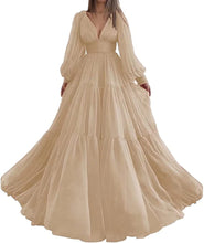Load image into Gallery viewer, Long Puffy Sleeve Prom Dress 2023 V Neck A-Line Tulle Corset Back