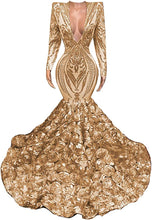 Load image into Gallery viewer, Sexy Prom Dress 2023 Long Sleeve V Neck Mermaid Sequined Zipper Up Back