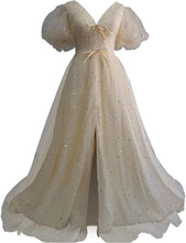 Load image into Gallery viewer, Sparkle Prom Dress 2023 Starry Tulle Puffy Sleeve with Split Corset Back
