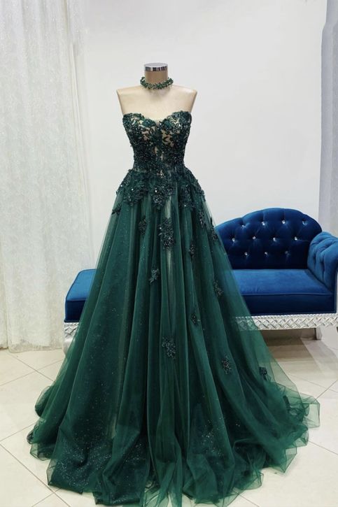 Dark Green Prom Dress 2023 Strapless Tulle with Appliques