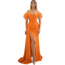 Load image into Gallery viewer, Long Prom Dress 2023 Mermaid Feather Corset Back Off the Shoulder Sequin with Slit