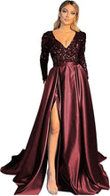 Load image into Gallery viewer, Prom Dress 2023 with Slit Long Sleeves Sequin V Neck Sparkly Satin Corset Back