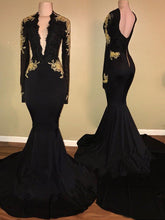 Load image into Gallery viewer, Black Prom Dress 2023 Sexy Plunging Neck with Long Sleeves Appliques