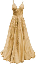 Load image into Gallery viewer, Women's Formal A Line Lace Appliques Prom Dresses 2023 Long Tulle V-Neck