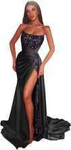 Load image into Gallery viewer, Sequin Prom Dresses 2023 Mermaid High Slit Satin Sparkly Draping Strapless