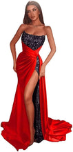 Load image into Gallery viewer, Sequin Prom Dresses 2023 Mermaid High Slit Satin Sparkly Draping Strapless
