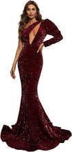 Load image into Gallery viewer, Women's Sequin Prom Dress 2023 Sexy One Shoulder Mermaid Long Sleeve Sparkly
