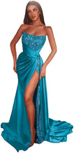 Load image into Gallery viewer, Sequin Prom Dresses 2023 Mermaid High Slit Satin Sparkly Draping Strapless