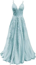 Load image into Gallery viewer, Women's Formal A Line Lace Appliques Prom Dresses 2023 Long Tulle V-Neck