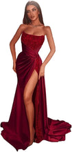 Load image into Gallery viewer, Sequin Prom Dresses 2023 Mermaid High Slit Satin Sparkly Draping Strapless