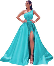 Load image into Gallery viewer, Prom Dresses 2023 Long Satin Ball Gown One Shoulder Sequin with Slit Lace Up