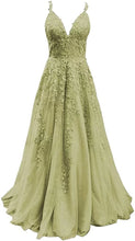 Load image into Gallery viewer, Women's Formal A Line Lace Appliques Prom Dresses 2023 Long Tulle V-Neck
