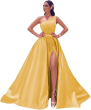 Load image into Gallery viewer, Prom Dresses 2023 Long Satin Ball Gown One Shoulder Sequin with Slit Lace Up