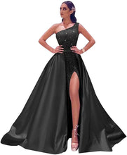 Load image into Gallery viewer, Prom Dresses 2023 Long Satin Ball Gown One Shoulder Sequin with Slit Lace Up