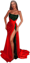 Load image into Gallery viewer, Sequin Prom Dresses 2023 Mermaid High Slit Satin Sparkly Draping Strapless