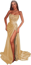Load image into Gallery viewer, Sequin Prom Dresses 2023 Mermaid High Slit Satin Sparkly Draping Strapless