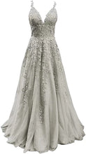Load image into Gallery viewer, Women's Formal A Line Lace Appliques Prom Dresses 2023 Long Tulle V-Neck