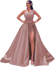 Load image into Gallery viewer, Prom Dresses 2023 Long Satin Ball Gown One Shoulder Sequin with Slit Lace Up