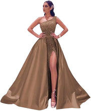 Load image into Gallery viewer, Prom Dresses 2023 Long Satin Ball Gown One Shoulder Sequin with Slit Lace Up