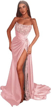 Load image into Gallery viewer, Sequin Prom Dresses 2023 Mermaid High Slit Satin Sparkly Draping Strapless