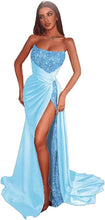 Load image into Gallery viewer, Sequin Prom Dresses 2023 Mermaid High Slit Satin Sparkly Draping Strapless