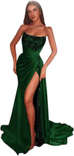 Load image into Gallery viewer, Sequin Prom Dresses 2023 Mermaid High Slit Satin Sparkly Draping Strapless