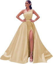 Load image into Gallery viewer, Prom Dresses 2023 Long Satin Ball Gown One Shoulder Sequin with Slit Lace Up