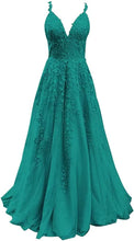 Load image into Gallery viewer, Women's Formal A Line Lace Appliques Prom Dresses 2023 Long Tulle V-Neck