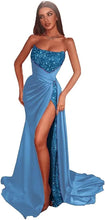 Load image into Gallery viewer, Sequin Prom Dresses 2023 Mermaid High Slit Satin Sparkly Draping Strapless