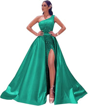 Load image into Gallery viewer, Prom Dresses 2023 Long Satin Ball Gown One Shoulder Sequin with Slit Lace Up