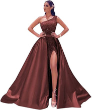 Load image into Gallery viewer, Prom Dresses 2023 Long Satin Ball Gown One Shoulder Sequin with Slit Lace Up