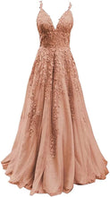 Load image into Gallery viewer, Women's Formal A Line Lace Appliques Prom Dresses 2023 Long Tulle V-Neck