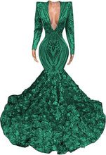 Load image into Gallery viewer, Sexy Prom Dress 2023 Long Sleeve V Neck Mermaid Sequined Zipper Up Back