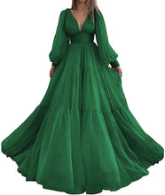 Load image into Gallery viewer, Long Puffy Sleeve Prom Dress 2023 V Neck A-Line Tulle Corset Back
