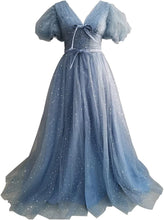 Load image into Gallery viewer, Sparkle Prom Dress 2023 Starry Tulle Puffy Sleeve with Split Corset Back