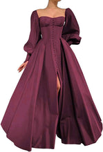 Load image into Gallery viewer, Puffy Prom Dress 2023 A-line Sweetheart Neck High Side Split Long Sleeves Satin Corset Back